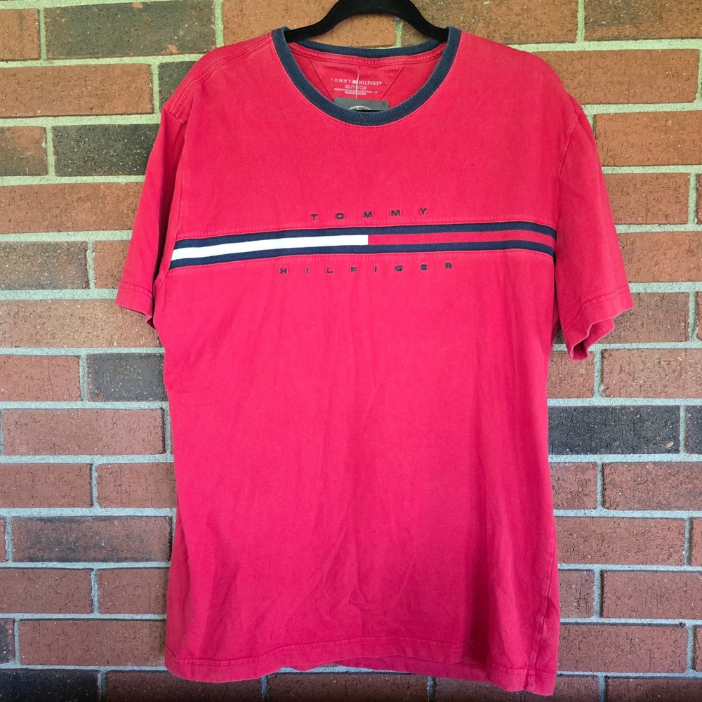 Tommy Hilfiger T-Shirt Mens XL Red Navy Ringer Stripe Logo Short Sleeve Tee